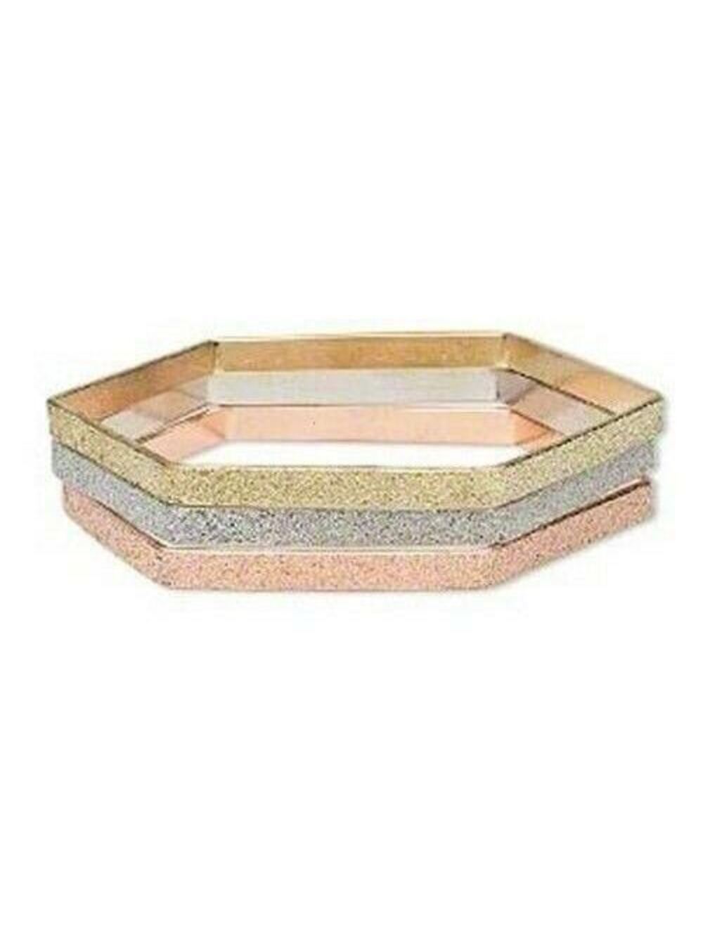 Gold Silver Copper Metal Stardust Hexagon Geometric Bangle Bracelets Set of 3